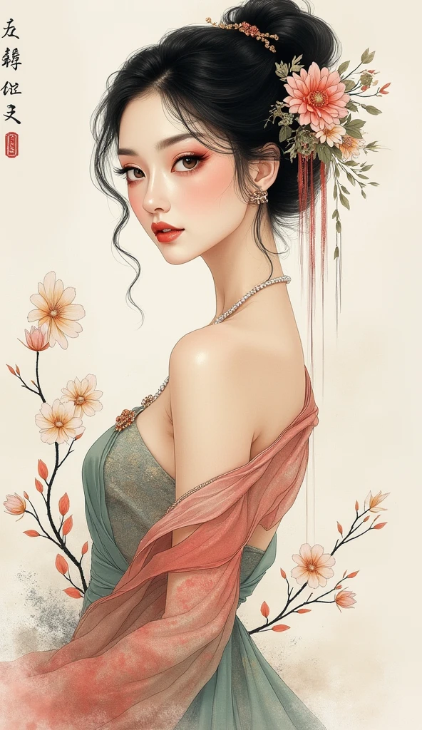 Beautiful oriental woman、 A fusion of ink painting and watercolor painting、Full body front view、masterpiece、