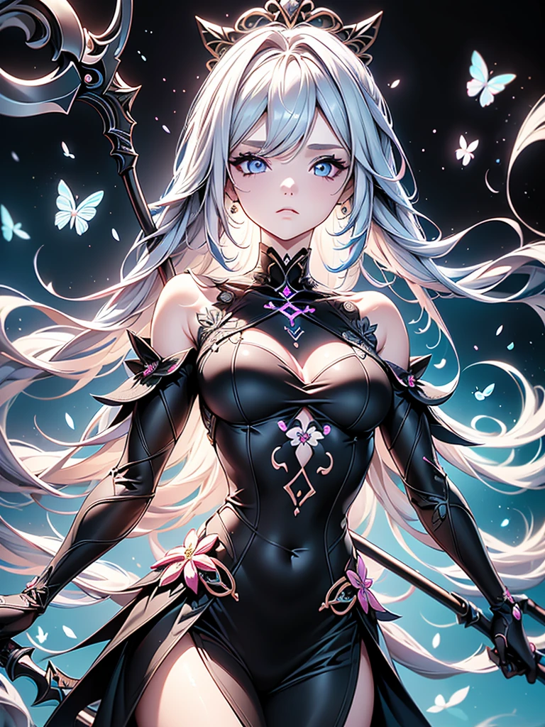 (masterpiece, best quality, ultra-detailed, best shadow), (detailed background,dark fantasy), (beautiful detailed face), high contrast, (best illumination, an extremely delicate and beautiful), ((cinematic light)), colorful, hyper detail, dramatic light, intricate details, (1girl, solo,white hair, sharp face,purple eyes, hair between eyes,dynamic angle), blood splatter, swirling black light around the character, depth of field,black light particles,(broken glass),magic circle,