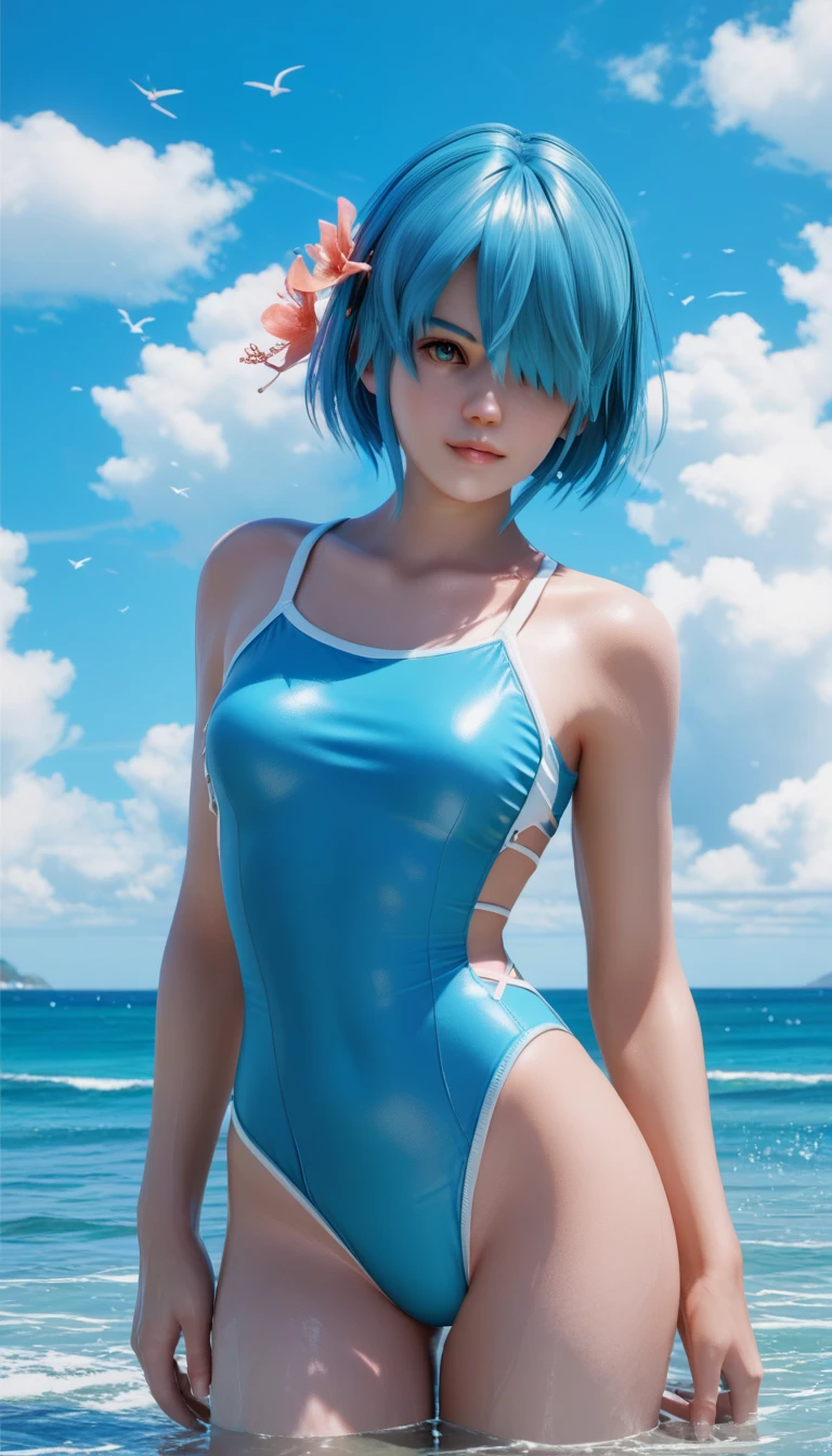 nico, white and blue swimsuit, in ocean, tranquil, score_9, score_8_up, score_7_up, zPDXL3