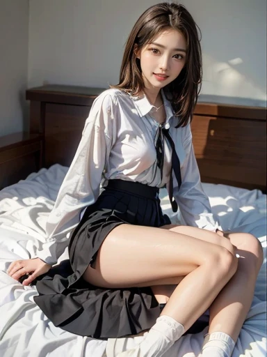 ((Best quality at best)), ((tmasterpiece)), (the detail:1.4),(Extremely normal posture) ,Girls in a modern style,issuance,Short hair details,tying hair,messy hair,pyjamas,leisure wear,鎖骨,nail art,lazy girl,pillow head,short skirt,pyjamas,What about the lattice,corduroy skirt,black tea soft light,Gradient eyes,ssmile,(White stockings,jade foot,slippers),Full body like,ultra-realistic realism,high detal,romanticism lain, 电影灯光, Sparkling, reflective light, tmasterpiece, super detailing, textureskin, Anatomical correct, high detal, Best quality at best, high high quality,Award-winning、8K