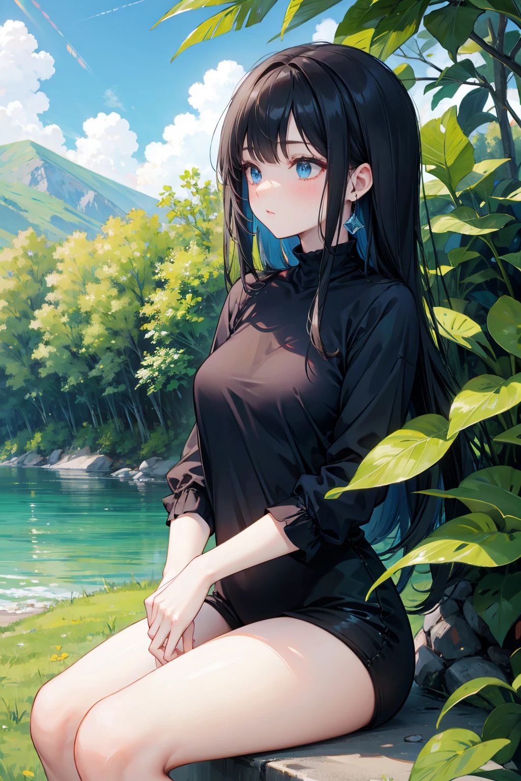 a beautiful female, playing water beside the lake, wearing T-shirt and mini skirt, the beautiful lake surface reflecting the blue sky, there is a land in the middle of the lake, with cherry blossom, gradient hair, black hair, silver hair, blue hair, hair behind ear, long hair, eye reflection, close-up, first-person view, symmetry, polar opposites, high detail, ray tracing, reflection light, masterpiece, best quality, anatomically correct, super detail, textured skin, UHD, highres, HD