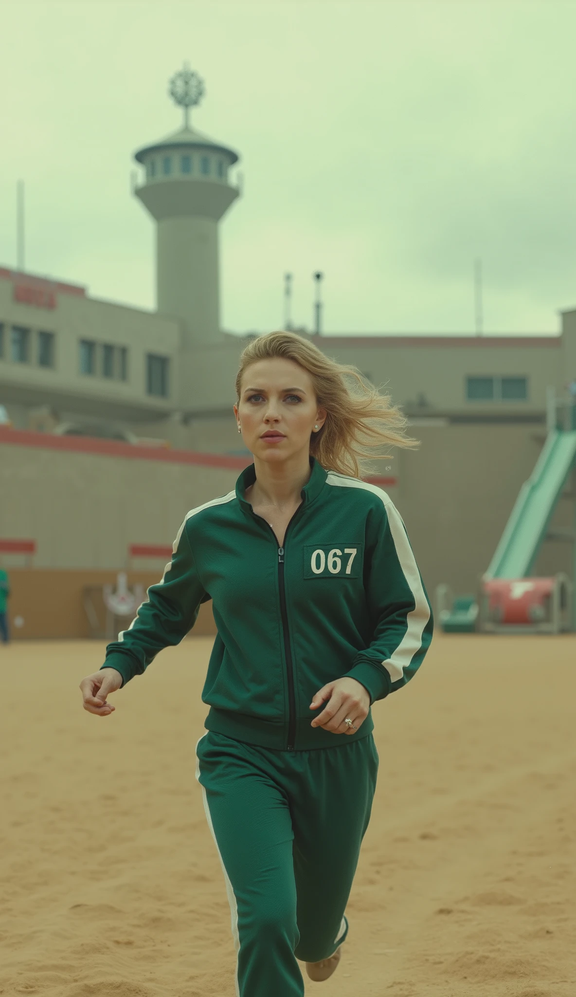 A full-body shot of scarlett johansson running directly toward the viewer in a highly cinematic and intense scene inspired by Squid Game. She is wearing the iconic green tracksuit with one white stripe on the sleeves and legs. The tracksuit has the number '067' printed in white on the left side of her chest. She has a determined and slightly desperate expression on her face, her hair bouncing as she runs. The background depicts a dusty, dystopian arena under an overcast sky, with large, surreal playground elements in the distance (like a giant slide and a swing set) and towering concrete walls with faint red markings. The lighting is soft, with a slight sepia tone, enhancing the tension and atmosphere of the scene.