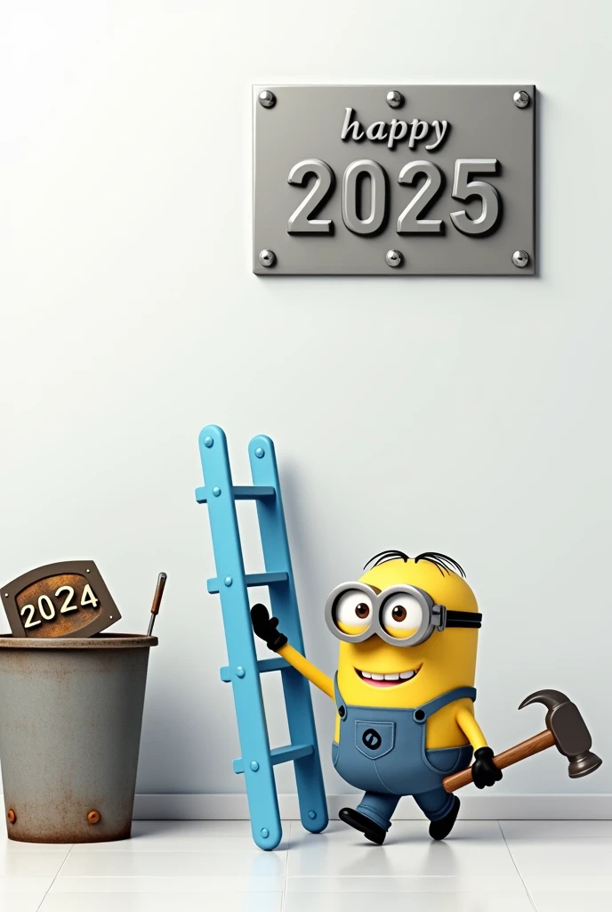  image of a minion walking to the right of the image going to the right carrying a tall blue ladder and a hammer , There is a white wall with a beautiful and shiny metal plate written  "HAPPY 2025" Nailed to the top of the wall ,  in the left corner of the image there is a trash bin containing a dirty and rusty plate written 2024 inside the bin. 3d drawing