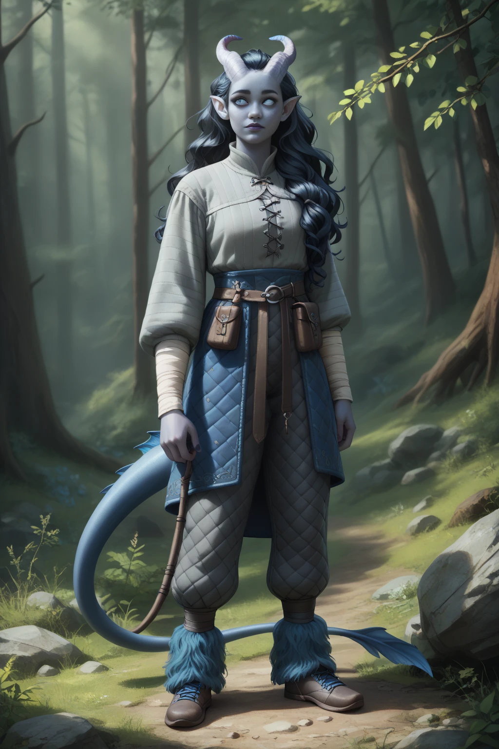 ( A cedar tree is growing next to the forest on a cliff ), ((1Тiefling ,  dark blue-gray skin :1.5), ( very thick long tiefling dragon tail :1.5), ( long black flowing hair with dark blue tips:1.4), ( bright blue-grey pupils,  Black eyes :1.4), ( the bright blue-black pigmentation on the face :1.5), (blue-black freckles :1.2) , (small fins on the head:1.4), ( blue-black pigmentation on the skin :1.5), ( dark grey straight short horns ), ( blue and black pigmentation on the tail :1.5), ( Adult girl:1.2) , (kind face), (medieval pants with fur on the ankles:1.4),  [curiosity ], (35 years old:1.5), (Deep look:1.3), (fur pants :1.2), ( stands at the edge of a high cliff and looks down :1.5), (chainmail, fabric armor and a white canvas shirt on the body and a short cloak:1.1), (you can see pigmentation on his shoulder ), (tail protection), (cloth-wrapped legs or medieval shoes:1.3)), ( top quality ), ( masterpiece fails), ( highest detail),  fantasy background, blue tones, Dark tones, dark shades,  muted colors, ( against the background of a dark, scary thorny forest).