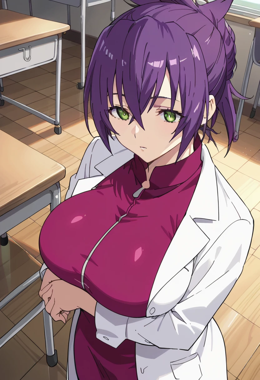  score_9,  score_8_above,  score_7_above,animated_source, source_animated, Best background,  detailed background, animated screencap,  oikawa , 1 girl, standing ,in classroom ,  big breasts,  lab coat,  session, Alone 