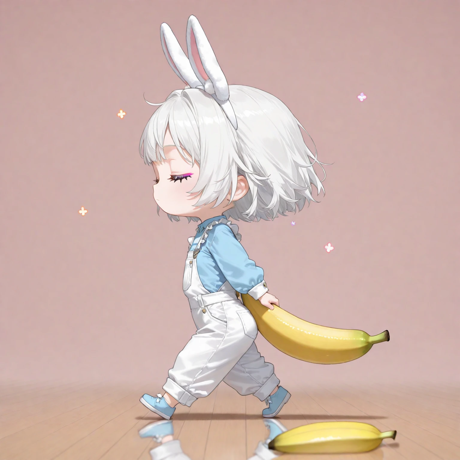 solo,1girl\((chibi:1.3),cute,kawaii,shiny short white hair, bunny ears, (closed eyes), (long eyelash:1.2), expressionless face,beautiful skin,walking,white frilled coveralls,from side,full body\), many banana peels on the floor, many colorful banana falling from sky, masterpiece, best quality, very aesthetic, highres, absurdres, flat color, pastel color,3d,minimalist