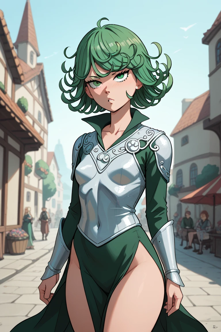 Do the Tatsumaki of One Punch Man as an elf wearing very reserved medieval armor