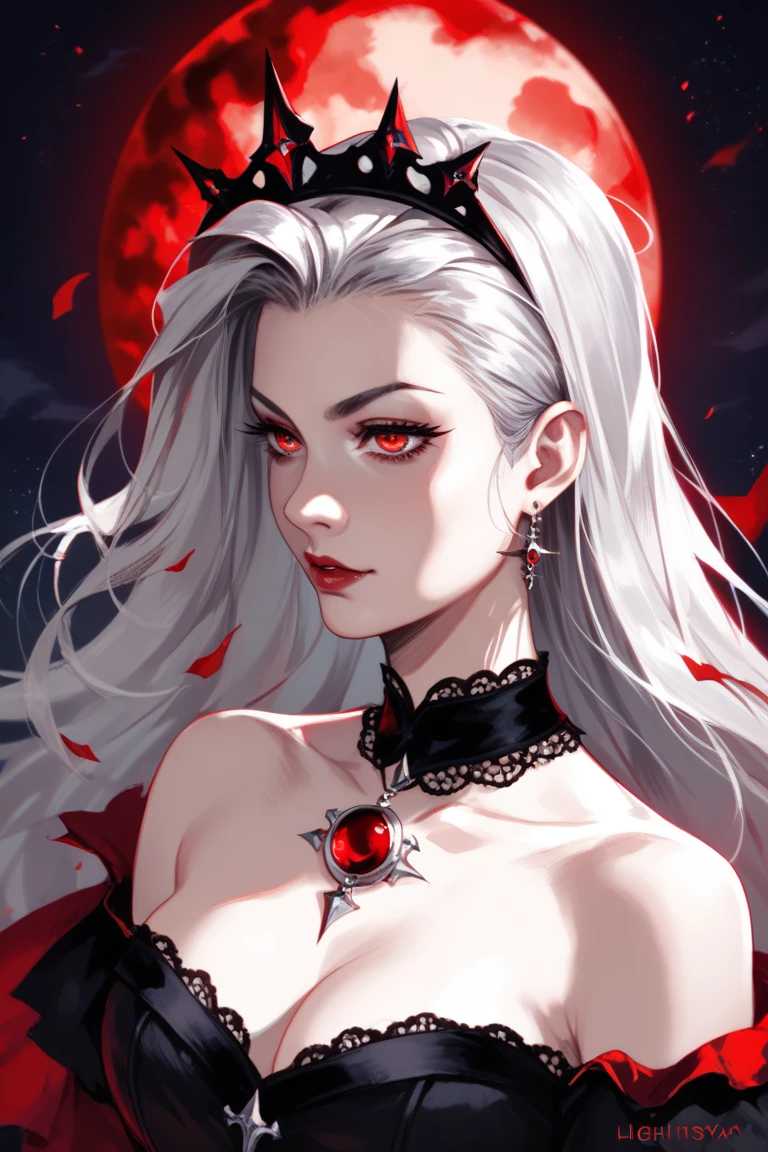 score_9, score_8_up, score_7_up, score_6_up, score_5_up, score_4_up, vampire lady, (pale skin:1.2) gothic dress, off the shoulder, brownred eyes, brown eyelashes, long straight silver hair, nightsky, moonlight, blood moon, red light, upper body view