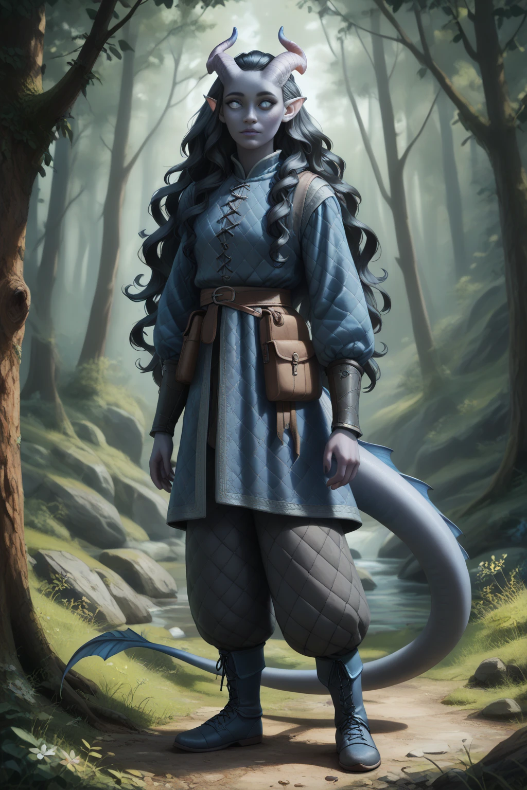 ( A cedar tree is growing next to the forest on a cliff ), ((1Тiefling ,  dark blue-gray skin :1.5), ( very thick long tiefling dragon tail :1.5), ( long black flowing hair with dark blue tips:1.5), ( bright blue-grey pupils,  Black eyes :1.4), ( the bright blue-black pigmentation on the face :1.5), (blue-black freckles :1.2) , (small fins on the head:1.4), ( blue-black pigmentation on the skin :1.5), ( dark grey straight short horns ), ( blue and black pigmentation on the tail :1.5), ( Adult girl:1.2) , (kind face), (medieval pants with fur on the ankles:1.4),  [curiosity ], (35 years old:1.5), (Deep look:1.3), (fur pants :1.2), ( stands at the edge of a high cliff and looks down :1.5), (chainmail, fabric armor and a white canvas shirt on the body and a short cloak:1.1), (you can see pigmentation on his shoulder ), (tail protection), (cloth-wrapped feet in medieval boots or wooden soles:1.3)), ( top quality ), ( masterpiece fails), ( highest detail),  fantasy background, blue tones, Dark tones, dark shades,  muted colors, ( against the background of a dark, scary thorny forest).