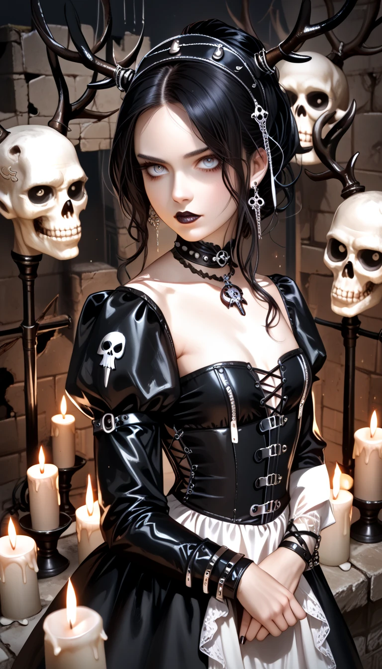  score_9,  score_8_above,  score_7_above,  score_6_above,  score_5_above,  score_4_above, goth girl , Victorian BDSM clothing ,  choker , antlers,  Black hair with bangs, Ojos rojos, pale skin,  small breasts , Naturaleza, (exceptional composition ), (Dark tones), skulls around , candles, (ruins background ), penumbra