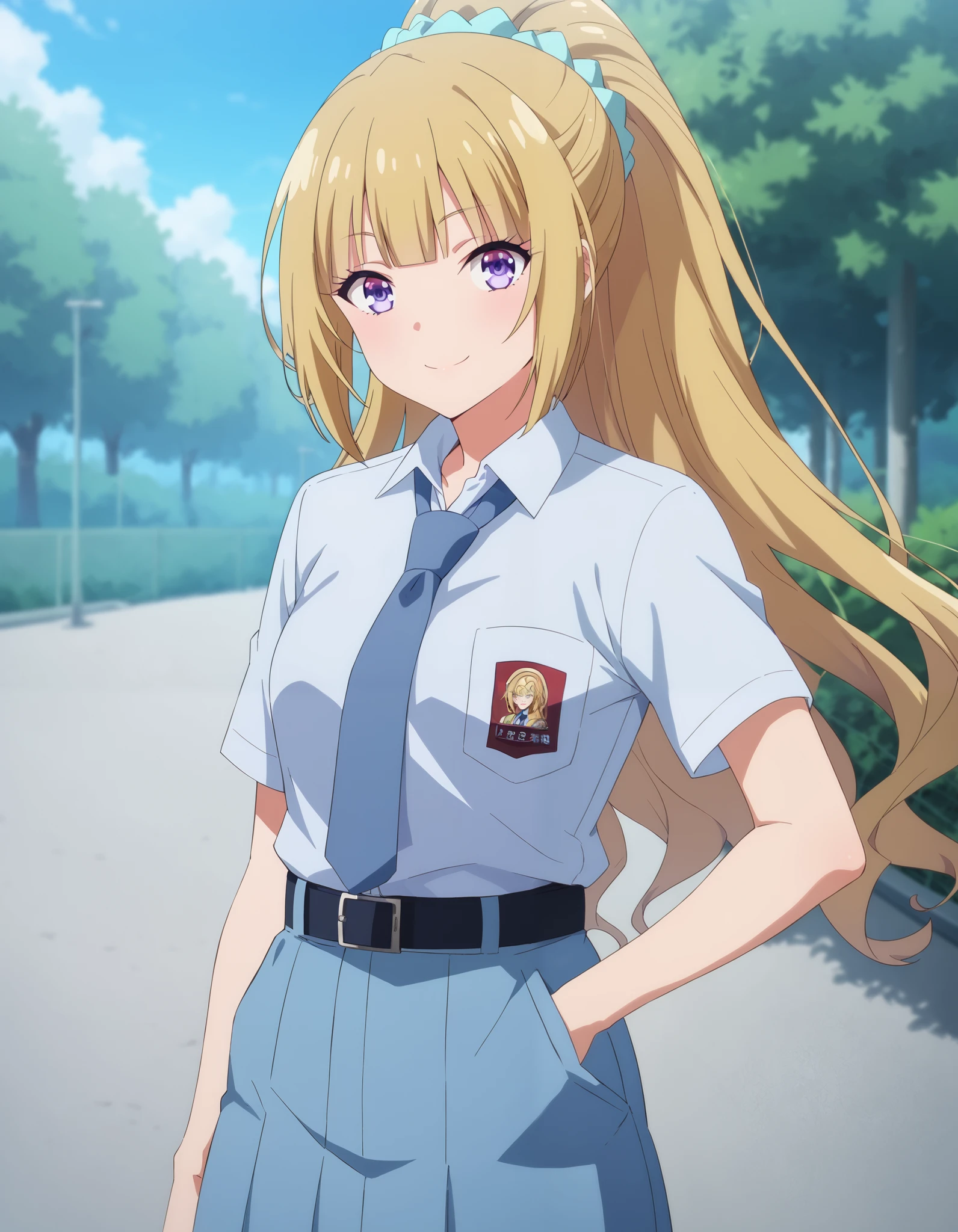 Masterpiece, hd, best quality, keikaruizawa, kei karuizawa, Long Hair, bangs, blunt bangs, (Purple eyes:1.1), Blonde, shirt, hair ornaments, ponytail, Scrunchie, blue Scrunchie, smile,  Indonesia high school uniform, wearing white collared shirt, short sleeves, light blue skirt, pleated skirt, light blue neck tie, pocket, school logo on pocket, wearing black belt, outdoor,  smile,  standing, cowboy shot