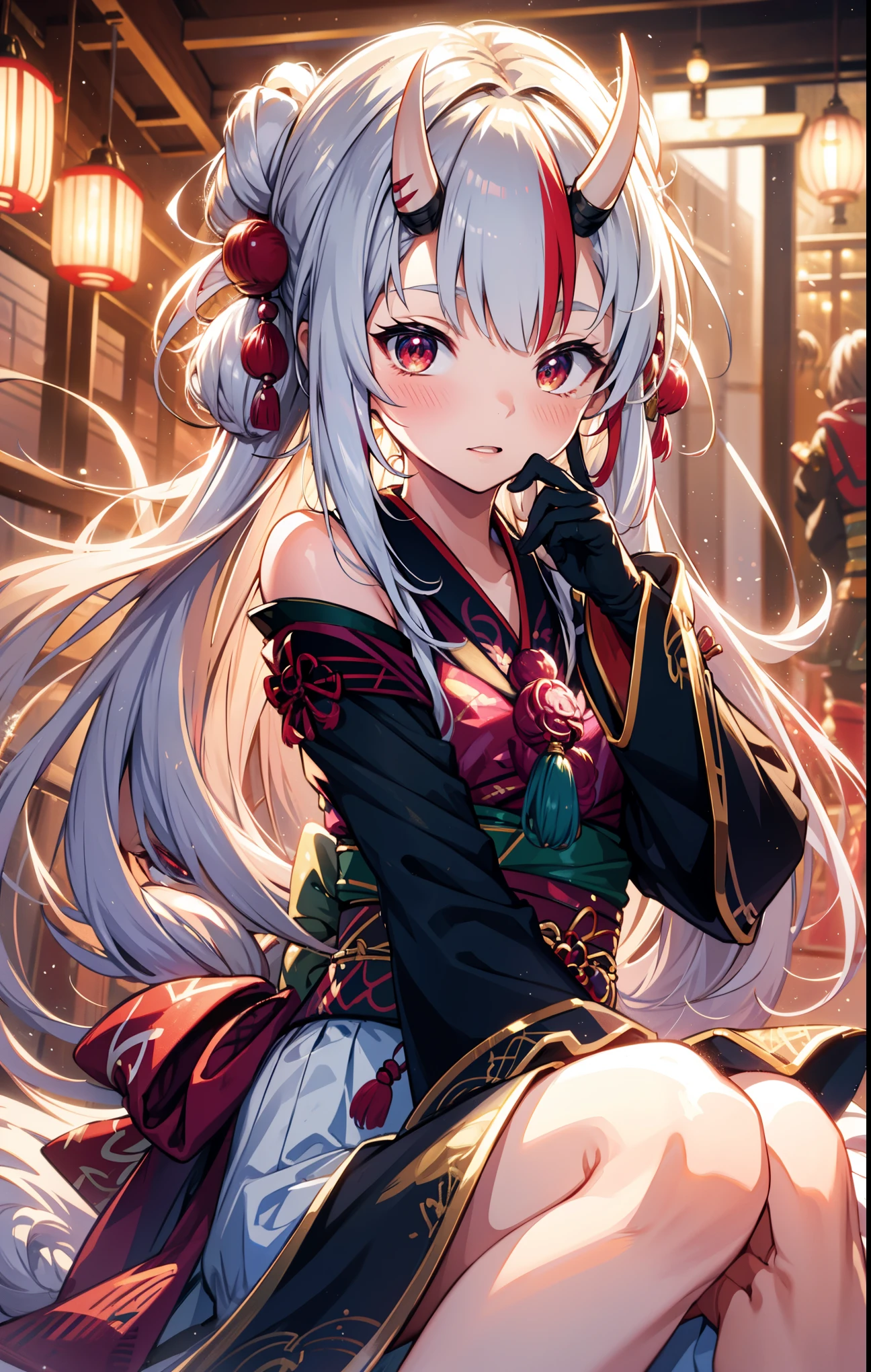  masterpiece,        top quality ,       high resolution on the bench   ,   masterpiece:1.2,       high quality    , 8K,      Beautiful and meticulous growth   ,    happy   ，    heavy costume，    blush，    kimono，   Japanese costume   ， Japanese New Year ，High Ponytail，    Fantasy World , Ice and snow fly    ,  winter，Mysterious landscape    ，   black gloves   ，Strike a pose，Beautiful sleeves    ，     Lots of clothes on the chest ， Small curve   