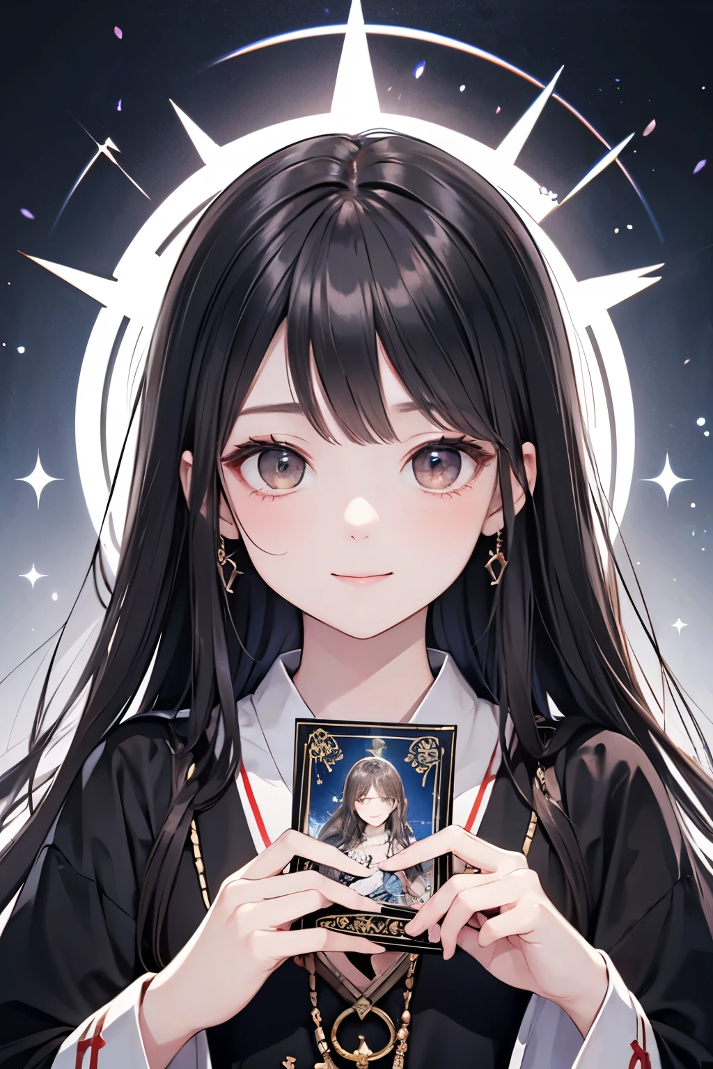 HD、 Masterpiece、Long hair Japanese woman、A beautiful face like an idol、 pretty brown eyes 、 is wearing a black dress、Feels like a mystical fortune teller 、 has a tarot card in his hand、 smiling slightly 、The gaze is on the camera、 upper body only、Clean atmosphere