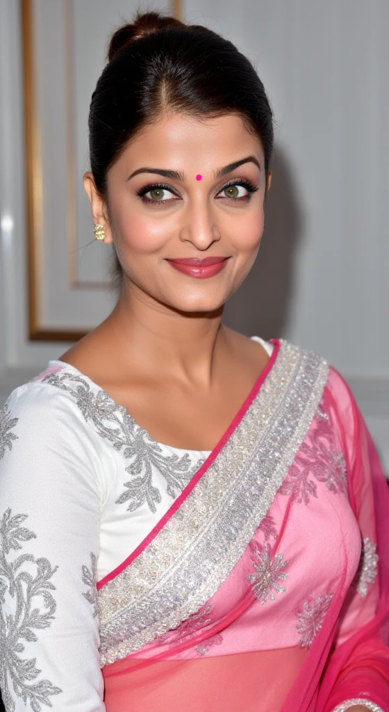 Aishwarya rai smiling expression, dark hair styled in a bun. She is wearing a white top with a pink printed design, accented with a pink decorative scarf/shalwar or dupatta. The top features intricate floral and leaf patterns done in a grey/black print. She is adorned with a small, pink bindi and gold-toned earrings, Her eyes are a medium brown, and her lips appear rosy with a light pink lip gloss.