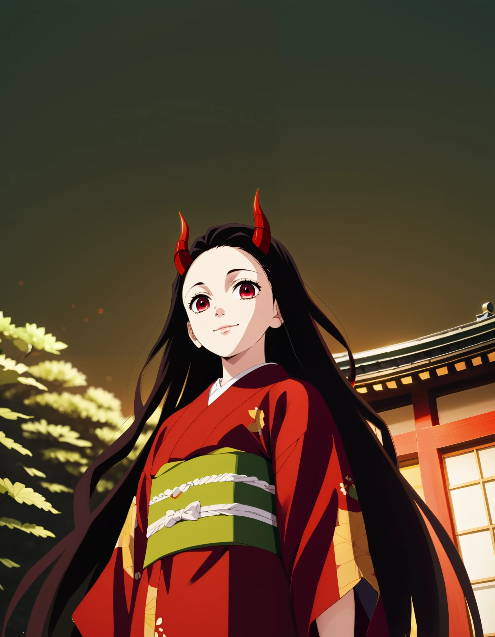 score_9, score_8_up, score_7_up, (Demon Slayer, Kimetsu no yaiba style), (nezuko kamado), (1girl, solo), 20years old, (black long hair, smooth straight hair, asymmetrical parting hair:1.1), forehead, red eyes, (red demon horns:1.4), kimono, smile, (from below, looking at viewer), (standing in the Japanese style garden, scenery)