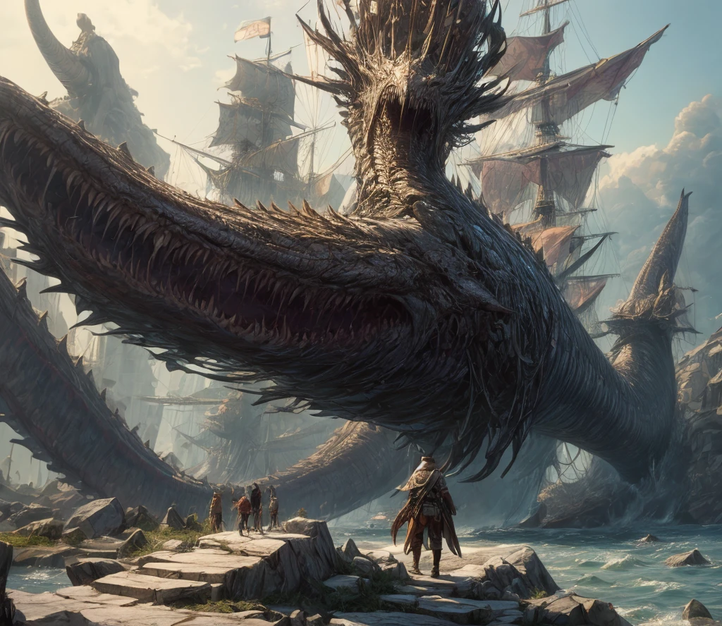  ( A huge cedar on a stone plateau with ),  on the water is a pirate ship, behind him is a huge leviathan . dynamics,  Composition .  highest detail.  masterpiece fails,  high quality,  high definition.

