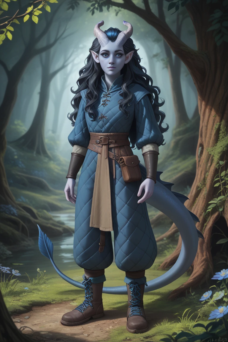 (A large cedar on the edge of the forest ), ((1Тiefling ,  dark blue-gray skin :1.5), ( very thick long tiefling dragon tail :1.4), ( long black flowing hair with dark blue tips:1.4), ( bright blue-grey pupils,  Black eyes :1.4), ( the bright blue-black pigmentation on the face :1.5), (blue-black freckles :1.2) , (small fins on the head:1.3), ( blue-black pigmentation on the skin :1.4), ( dark grey straight short horns ), ( blue and black pigmentation on the tail :1.5), ( Adult girl:1.2) , (kind face), (medieval pants with fur on the ankles:1.4),  [curiosity ], (35 years old:1.4), (Deep look:1.3), (fur pants :1.2), ( tries to reach the bee hive in the tree  :1.5), (chainmail, fabric armor and a white canvas shirt on the body and a short cloak:1.1), (you can see pigmentation on his shoulder ), (tail protection), ( with cloth-wrapped feet in medieval boots or wooden soles:1.3)), ( top quality ), ( masterpiece fails), ( highest detail),  fantasy background, blue tones, Dark tones, dark shades,  muted colors, ( against the background of a dark, scary thorny forest).