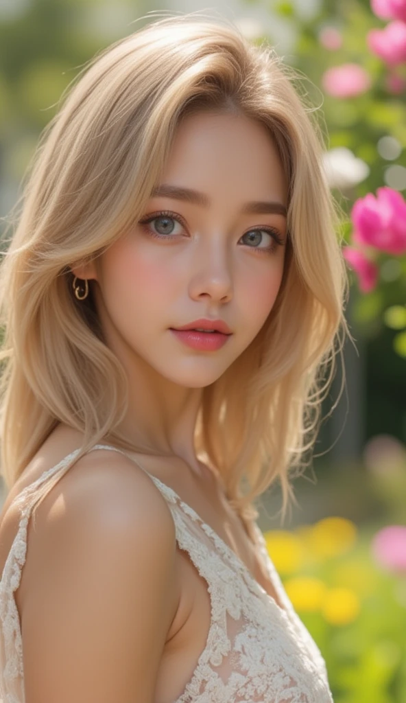 "A highly realistic portrait of a 22-year-old young woman, a blonde with silky, shoulder-length hair and natural soft waves. Her bright blue eyes sparkle with a gentle, confident gaze, her face featuring smooth, fair skin with subtle, natural makeup that enhances her beauty. She is wearing a stylish summer dress, light pastel colors with intricate floral patterns, standing outdoors in soft, natural sunlight. The background features a blurred garden with blooming flowers and greenery, creating a serene and vibrant atmosphere. Photorealistic details, high resolution (8K), ultra-realistic skin texture, and fine attention to light reflections in the eyes and hair."