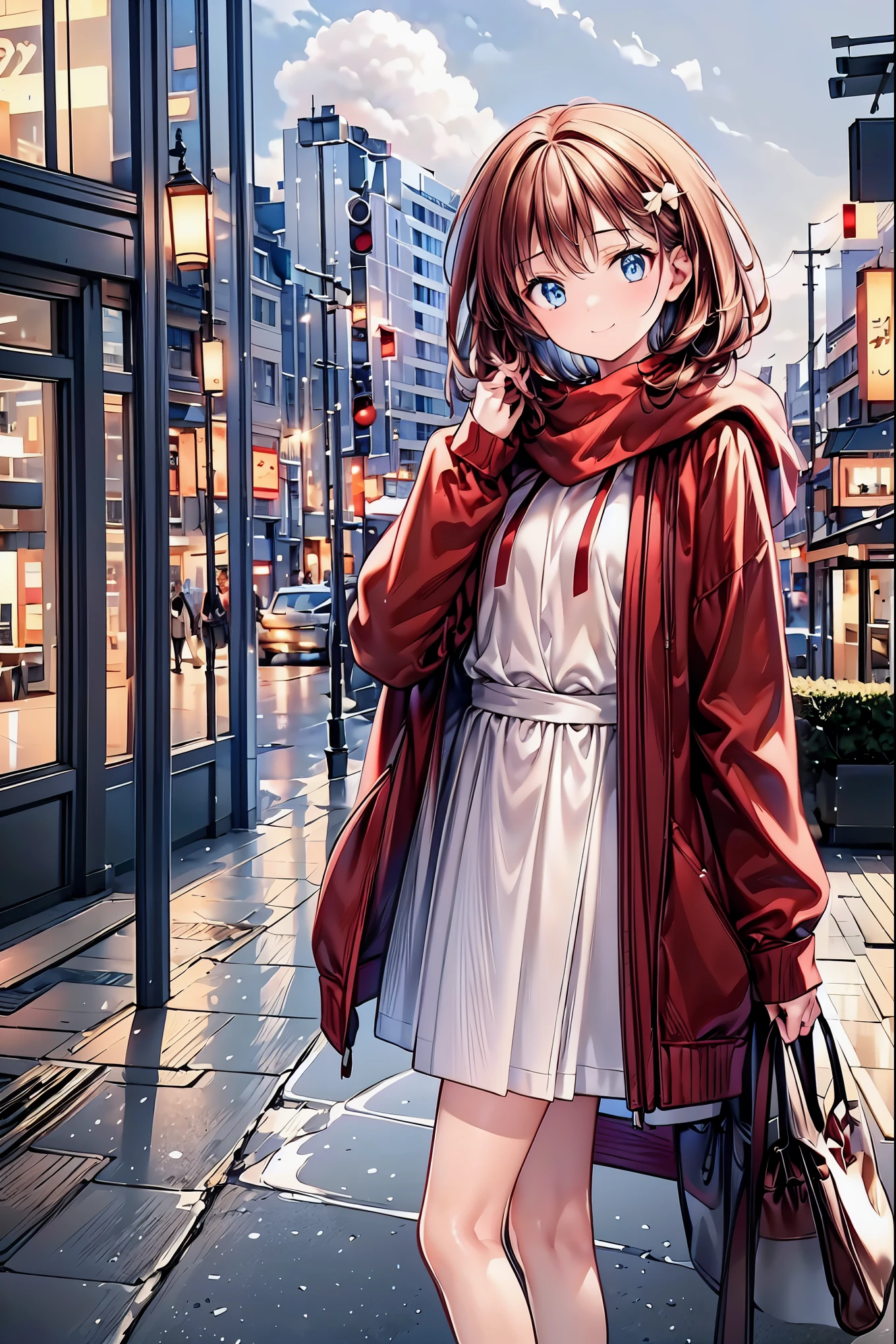 Winter clothes、Red coat、Bare legs、(   top quality ,masterpiece:1.3,    Ultra Fine ),(    very detailed,    caustics,8k),(    realistic :1.4,RAW shooting),18 years old,    Japanese    ,    cute,  Looking at the camera and smiling   ,(    focus on the face  :1.2),(    face close-up  :1.2),(Low position:1.3),(    low angle:1.4),  brown hair，    shortcuts to touch armpits，    slender beauty    ，    messy hair，Cityscape，  brown hair，   shortcuts to touch armpits，   tousled hair ，  short braided hair，Neat，  Slender and beautiful woman ，Correct posture，  small breasts，   Beautiful Legs，   Enchanting gray-blue eyes shine like stars，Droopy eyes，   bright color ,   beautiful eyes,A delicate smile,  Textured Skin, BEST QUALITY BEST   ,   A humorous parody of a gentle and beautiful woman   ,   anime style､