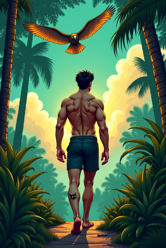 illustration that evoke peace, relax men from 25 years old, shirtless, barefoot, strong, slim body Importance of Reason Style: Scientific realism, with a focus on detail and precision. Color palette: Cool, neutral tones (navy blue, gray, white) to convey clarity and objectivity. Expression: A relaxed confident friendly  gaze, brow slightly furrowed in thought. Setting: A multicolor garden  with a young strong handsomen man walking on a multicolor stone paved ground wearing green thong
