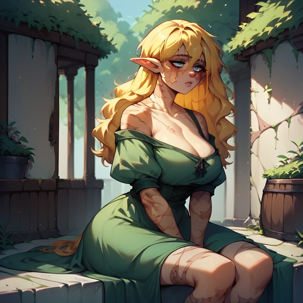 a elf with golden hair and blue eyes. she is sitting in a medieval alleyway. she looks depressed in green medieval clothes. she has big bags under her eyes. she has big breast. scars on body. too many on body.