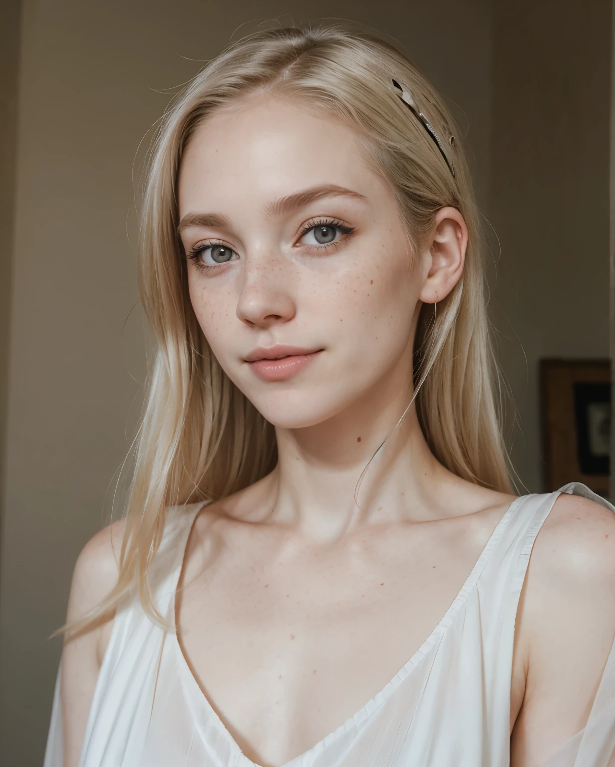 Young woman:1,Blonde hair, bright highlighting, green slanted eyes, sharp upturned thin nose, freckles, plump lips, blush, thin chiseled figure), (Best quality, 4k, 8k, a high resolution,masterpiece: 1.2),super detailed