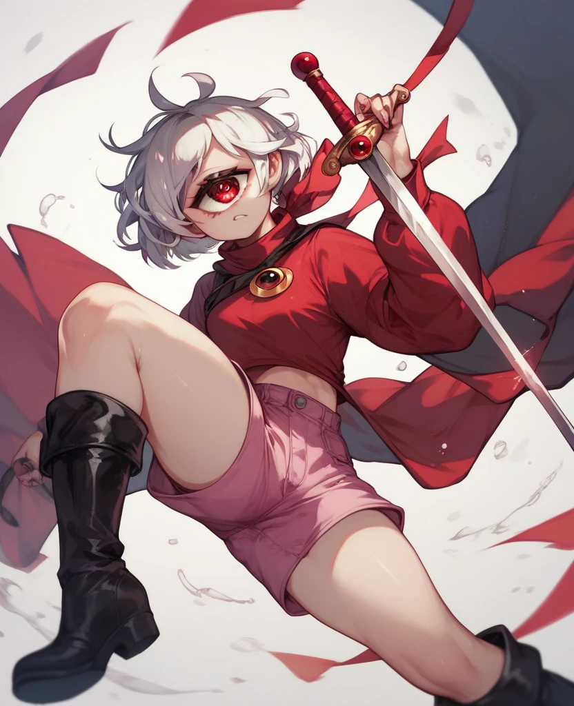 1girl, White hair, greyish red eyes, sharp eyes, eyeliner, jewelry, demon slayer uniform, high socks, dark red socks, confident, hair up, long hair, freckles