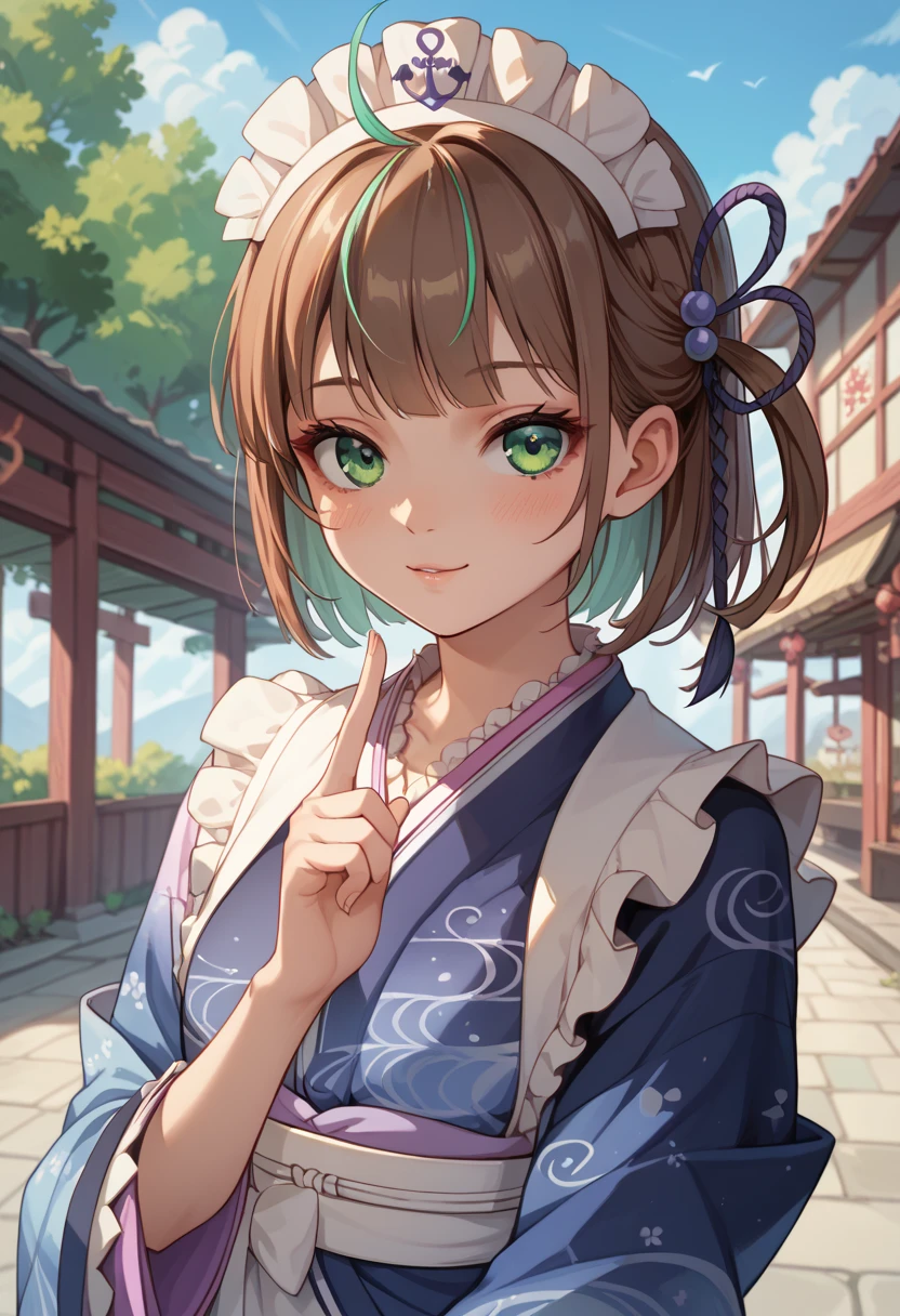 masterpiece,  best quality,  One Girl , Alone,  girl、Petite、 small tits、 little chest、 brown hair ,  medium hairstyle 、 green eyes、 Cute kimono,  Idol、 a lot of hearts、 maid clothes 