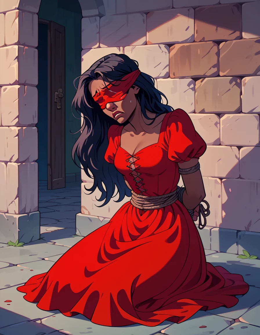  A lady in a long red dress,  messy long black hair , blindfolded,  dark skin,  Young, sad, imprisoned in a dungeon , arms tied with strings , kneeling, Pain, dramatic, prisoner