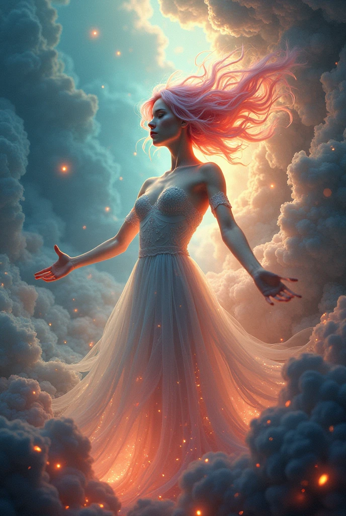 A mesmerizing 3D render by the skillful artist Mschiffe, showcasing a ghostly, smoke-like female figure dancing. The enigmatic woman appears in side view, exuding a mystical aura as she weaves through a colorful explosion of hues. Her ethereal form is embellished with motion effects, invoking a sense of fluidity and movement. The background is a breathtaking fusion of vibrant, muted colors that harmoniously blend with the eerie, yet captivating atmosphere of the scene.