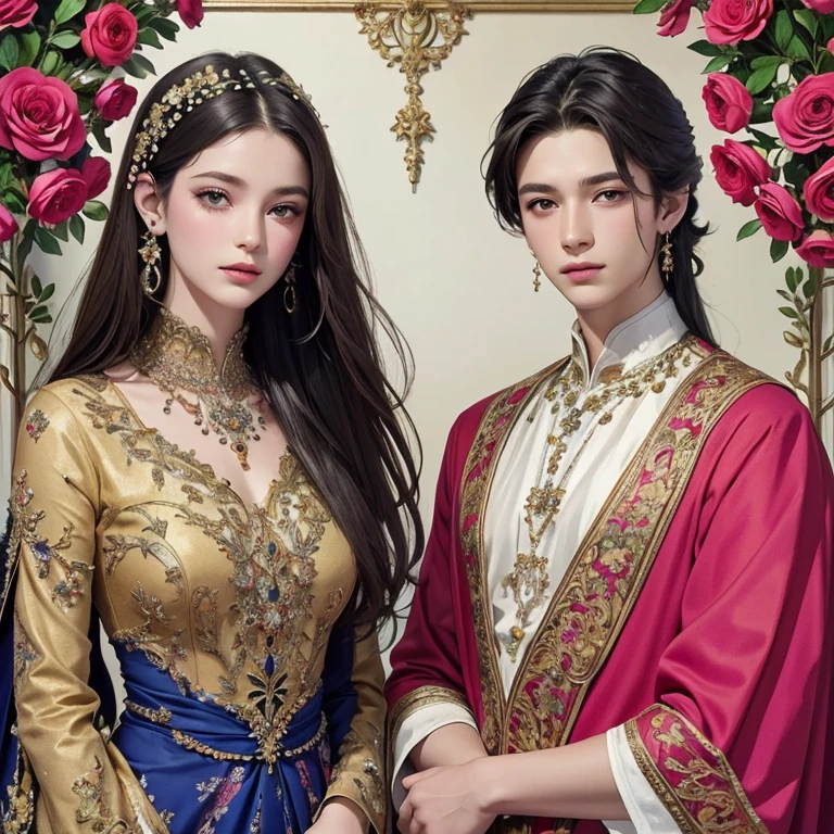  masterpiece fails,  high quality,  top quality ,  official art ,  beautiful and aesthetic , 2amazingly beautiful shining boys,  in great detail ,  fractal art ,  Colorful , flowers,The most detailed,confuse,  full length,  abstract background,  shiny skin , many colors, earrings,