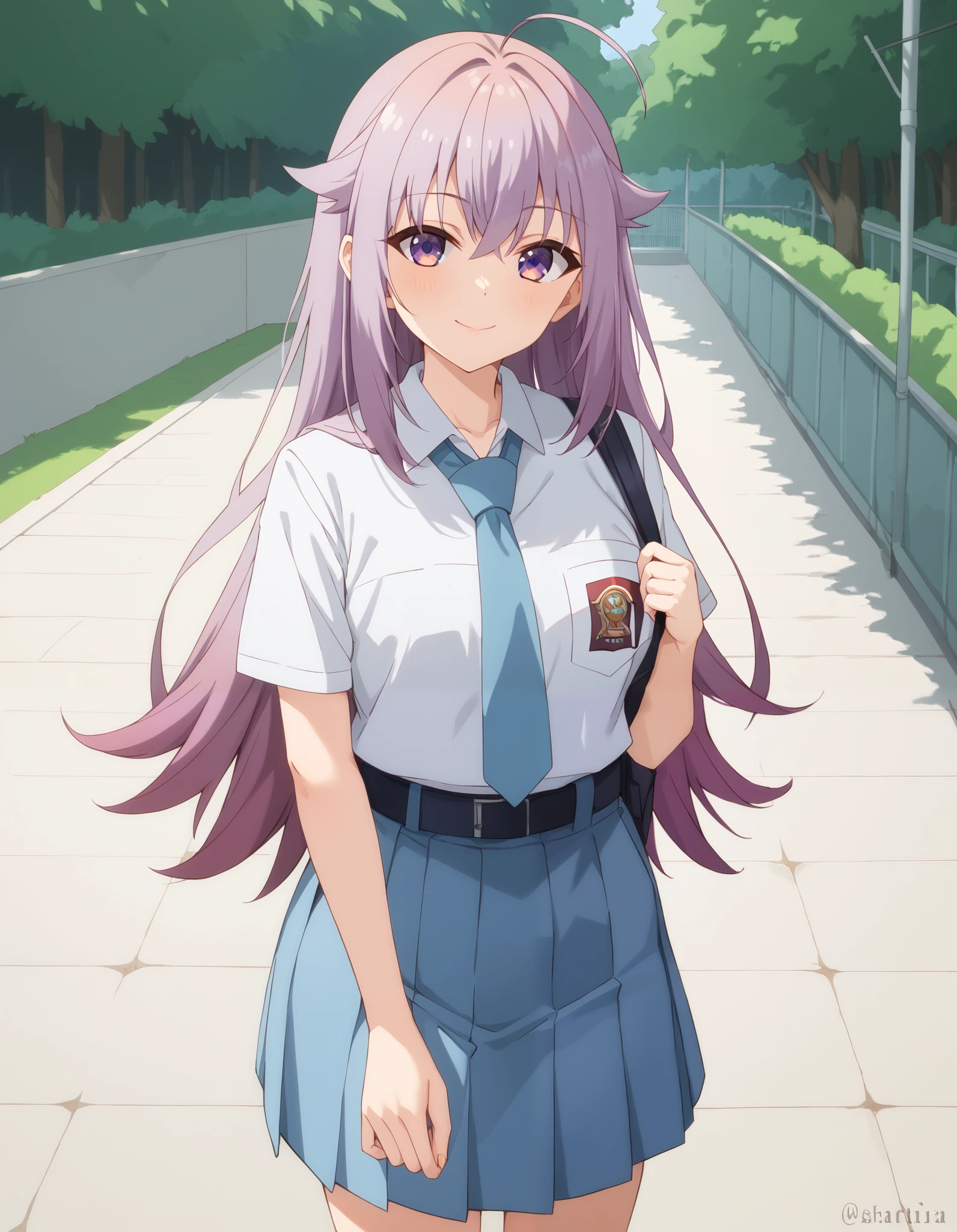 Masterpiece, hd, best quality, closed mouth, light smile, light blush, long hair, koshitan, purple eyes, purple hair, (purple hair:1.2), ahoge, Indonesia high school uniform, wearing white collared shirt, short sleeves, light blue skirt, pleated skirt, light blue neck tie, pocket, school logo on pocket, wearing black belt, outdoor, smile, standing, cowboy shot