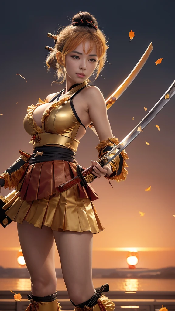  young woman, ((Oiran)),warrior,((wielding a katana_weapon:1.8)), very detailedな, realisti,seductive smile,((Combat Stance:1.8)),((from front:1.8)),  Brilliant Appearance , Creative Action,  extremely detailed, Imaginative,  sensual, spontaneous ,  top quality,  skin texture, ((half updo hair:1.8)),((Honey blonde:1.3)), Tight Body ,(huge breasts:1.8), plump thighs, (福寿草の花模様が刻まれた Gold Armor ),(( Gold Armor )),(( leather  samurai armor knight)), bikini type design that emphasizes chest exposure,(underboob),  Wear a golden cloak with a fukujugusa flower pattern , ((ruffled skirt:1.3)),  golden shin guard with fukujugusa flower pattern engraved , Black high-leg underwear ,  black tights,  absolute domain,  intricate detail , (( sunrise:1.7)),((Meteor shower:1.3)),(()), ((Adonis ramosa flower petals background:1.3)), ((Adonis ramosa flower petals:1.3)), ((Adonis ramosa flower petals dancing in the wind:1.3)),(Fukujugusa flowers in full bloom ),(前面にFukujugusa flowers in full bloom ), (confetti),  RAW photos , 8k, masterpiece,  top quality, ultra detail, very detailed,  intricate detail , high definition,超 intricate detail, very detailed 8k cg wallpaper,