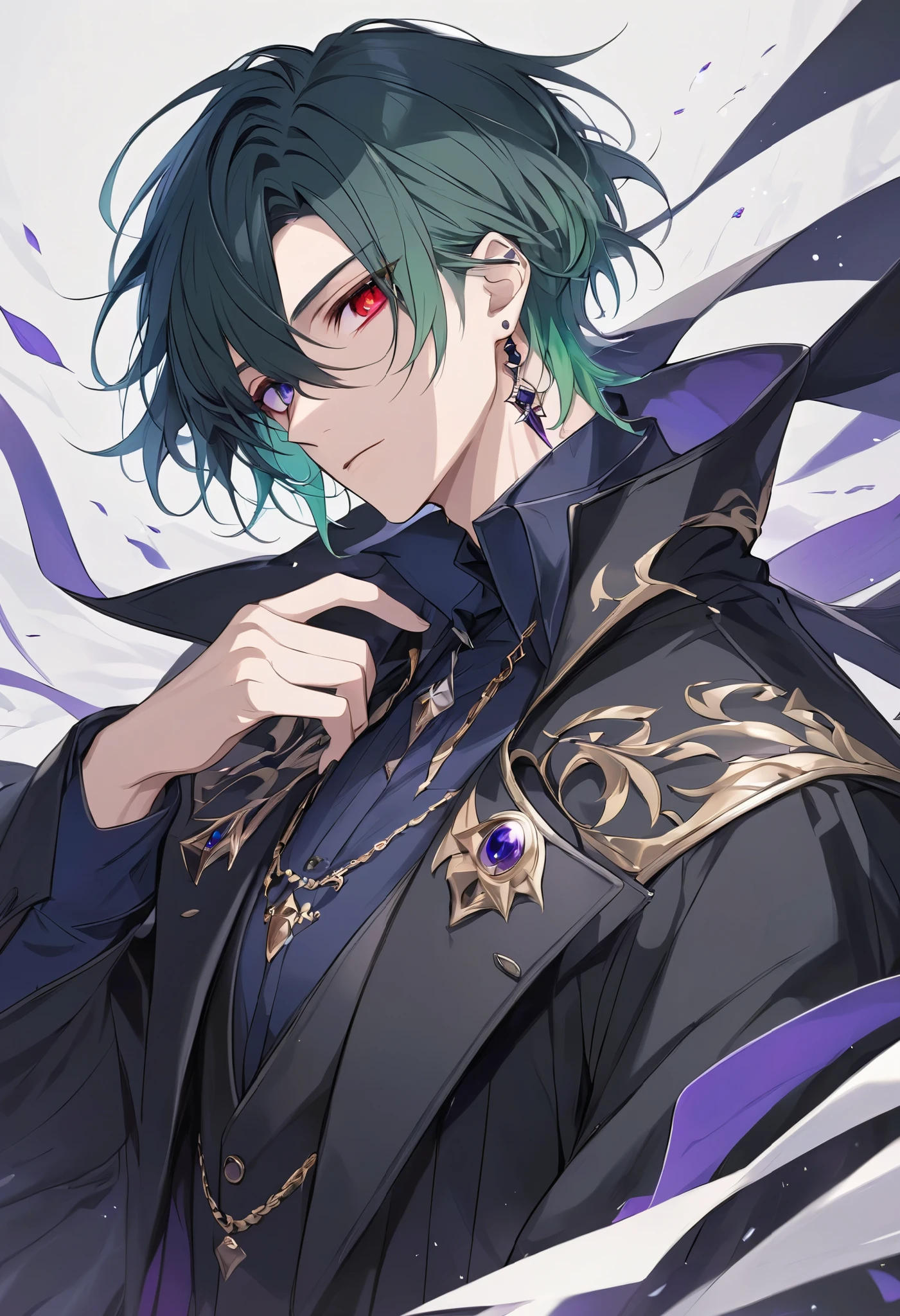 solo, handsome, 1 male, black coat, dark blue shirt, medium hair, dark green hair, heterochromia, purple eyes and red eyes, fantasy