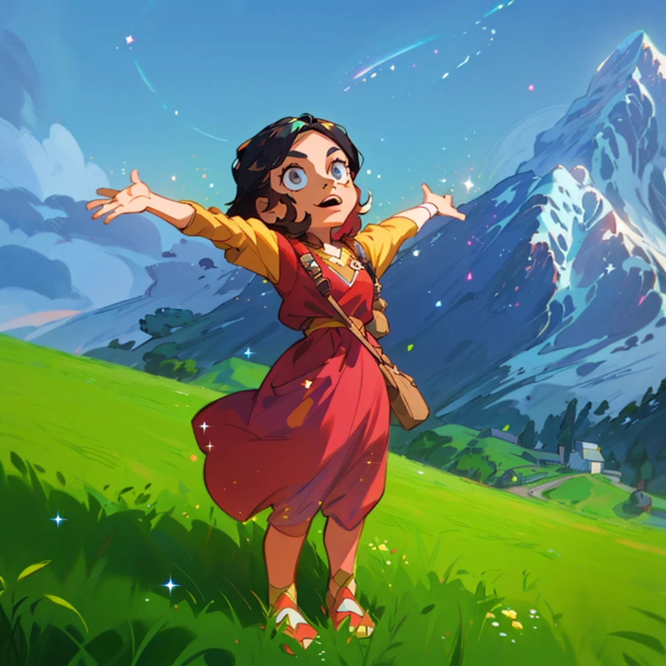 a close up of a cartoon girl in a field with mountains in the background, girl of the alps, animated film, animated movie still, character is in her natural pose, animation character, animation still, animation film still, official fanart, animated movie, animation film, movie promotional image, fanart, official art, character posing, animated still, animated film still, (Masterpiece), (best detail), (Best quality), Detailed facial features, milky ways, glitters, Particle, Wind, flower, hair adornments, multicolored hair, Solo, jewelry, Starry sky, sky, (stars), Milky Way, Young and good-looking