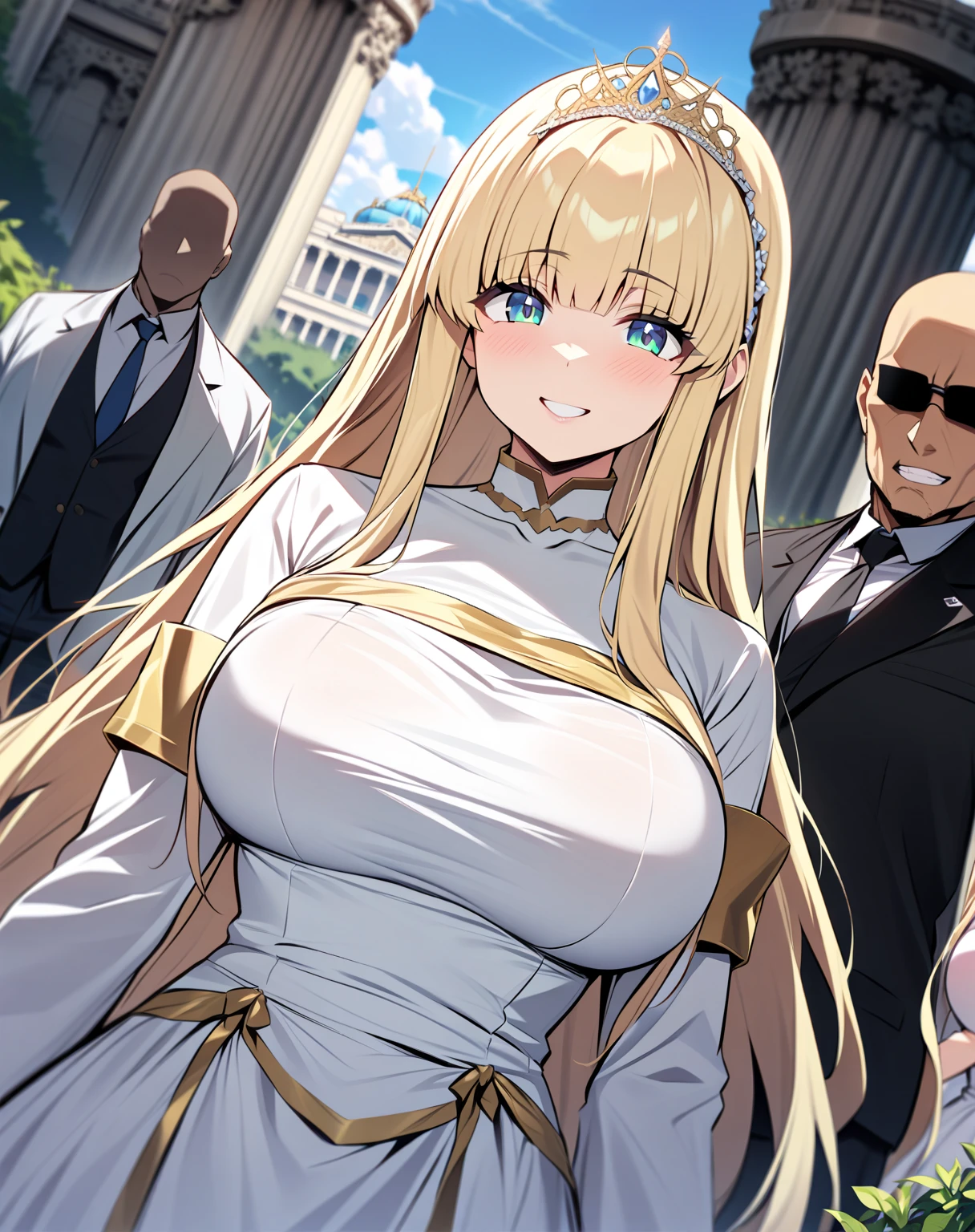 {{ upper body,  Dutch angle }} {{ artist: moisture_(Chichi)}}  female 1,  there are 2 security guards on each side holding her, 2 men in armor ,  Faceless Woman ,  mature woman,  elegant ,  princess,  big boobs,  straight hair, Blonde,  long hair, hime cut,  green eyes, white dress,  gold trim ,  tiara ,  Watching Viewers ,  grin ,  detained by 2 men ,  Faceless Man , Outdoors, garden, palace,