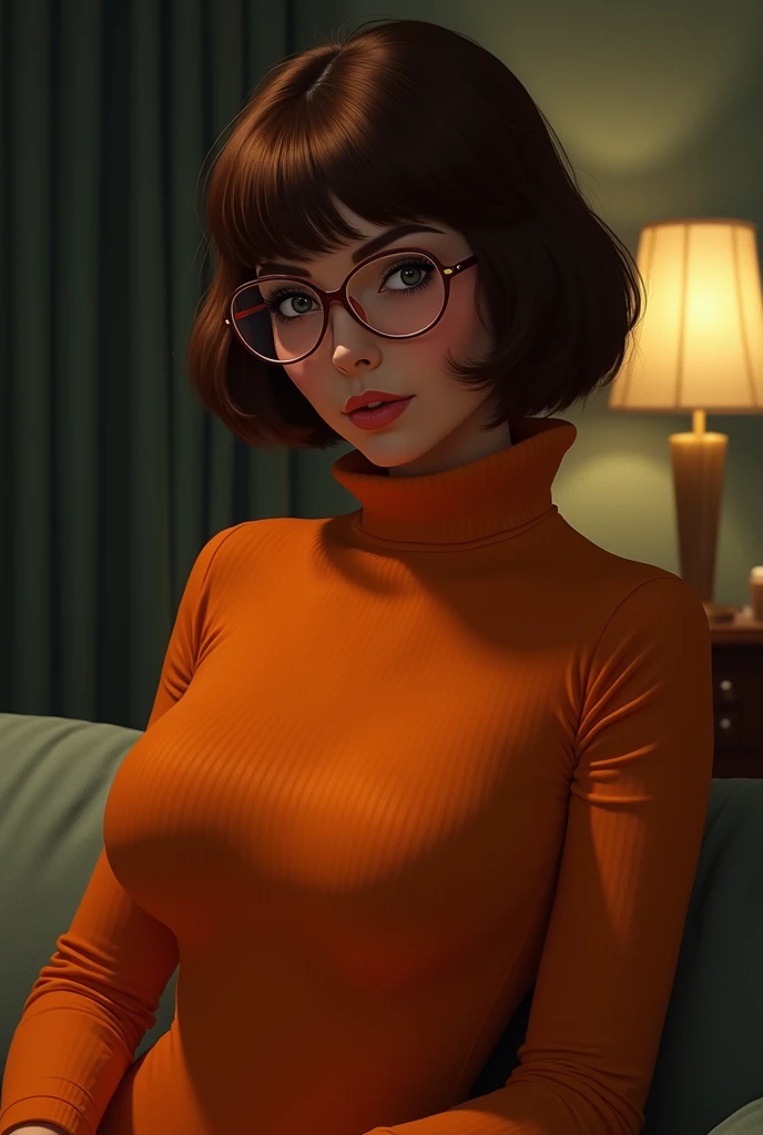 High definition, Qualidade 8K, obra de arte, Velma, garota dos sonhos enorme , rosto bonito, kissing lips, penteado bob curto, franja longa, maquiagem perfeita, Rosto realista, olhos detalhados, olhos azuis, Cabelo Moreno, eyelash, sorria, sorria, quarto, sentado na cama, showing camel toe, olhos no espectador, orange turtleneck knit sweater, transparent lens glasses, saia vermelha para colegial, vista de baixo, calcinha de renda branca, calcinha sex