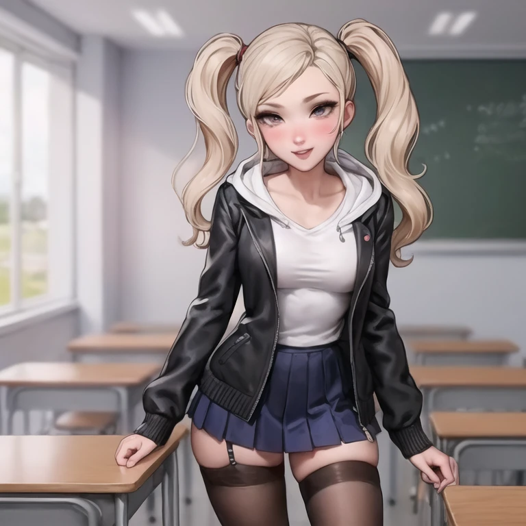 1 , Alone, cute face,  school uniform da academia p5ann, twintails,  long hair, Takamaki Ann,  blonde hair,  hair clip , skirt,  school uniform, jacket,  open clothes ,  hair clip , hood, miniskirt, sweater, open jacket, black jacket, hoodie,hood down, white sweater, red pantyhose, hooded cardigan, shuujin academy  school uniform, standing,  classroom,  looking at the viewer, to smile,  masterpiece ,  Better quality,  ultra detailed lingerie top,