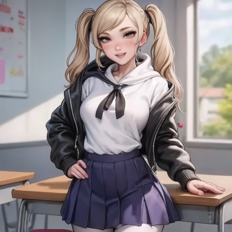 1 , Alone, cute face,  school uniform da academia p5ann, twintails,  long hair, Takamaki Ann,  blonde hair,  hair clip , skirt,  school uniform, jacket,  open clothes ,  hair clip , hood, miniskirt, sweater, open jacket, black jacket, hoodie,hood down, white sweater, red pantyhose, hooded cardigan, shuujin academy  school uniform, standing,  classroom,  looking at the viewer, to smile,  masterpiece ,  Better quality,  ultra detailed lingerie top,