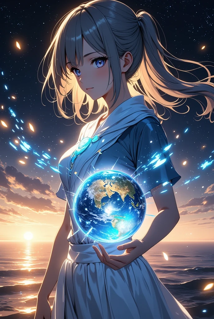 ((masterpiece, highest quality, Highest image quality, High resolution, photorealistic, Raw photo, Extremely detailed CG unified 8k wallpaper)), (very hot and sexy, jaw-dropping beauty, perfect proportions, beautiful body, slim body beauty:1.4), Beautiful double exposure combining the silhouette of the goddess and the beach at sunset, The blue earth floating in space should serve as a background , whose details are captured by the Goddess , Goddess's hands gently encircle the earth, Sharp lines, B&W background, Sharp focus, Double exposure, Striking full color, BREAK The image shows “New Year 2025” in large gold letters,