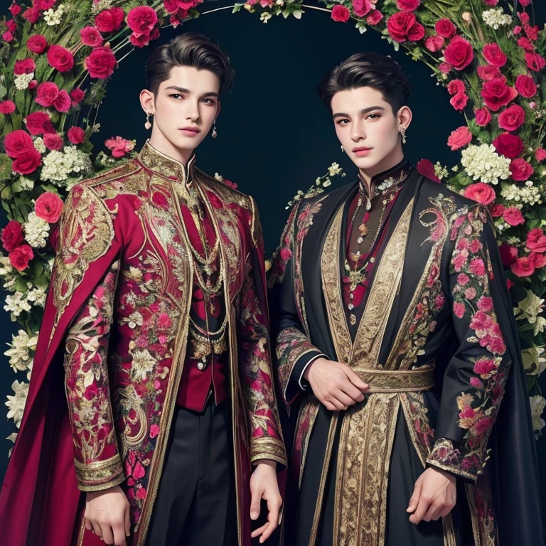  masterpiece fails,  high quality,  top quality ,  official art ,  beautiful and aesthetic , 2amazingly beautiful shining boys,  in great detail ,  fractal art ,  Colorful , flowers,The most detailed,confuse,  full length,  abstract background,  shiny skin , many colors, earrings,