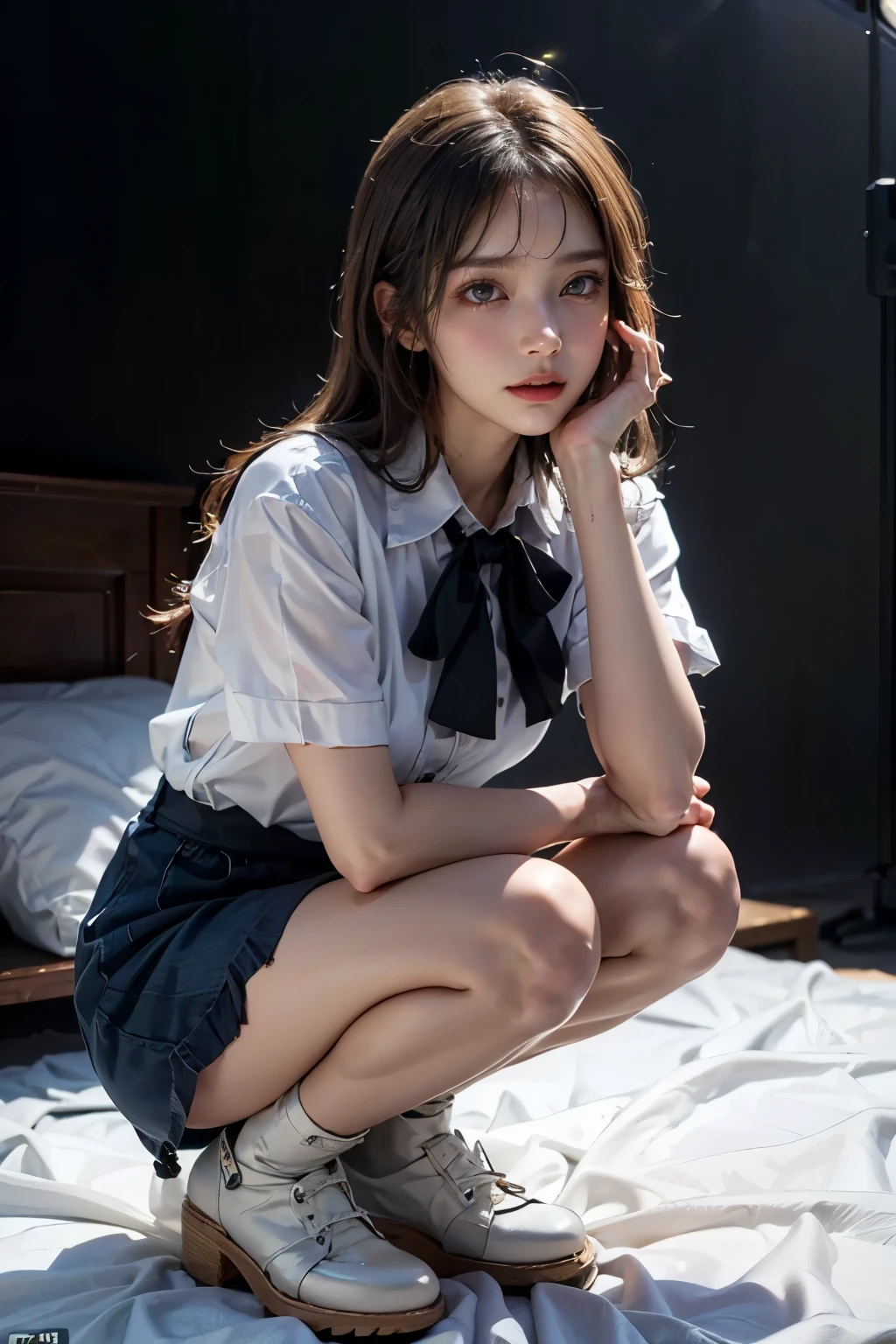 (8K, Raw photo, Best Quality, masutepiece:1.2), high-definition RAW color photography, professional photograpy, cowboyshot, (Realistic, photographrealistic:1.37), ((Best Quality)), 25 year old woman, Cinematic Light, (finerly detailed face:1.2), (masutepiece:1.5), (Best Quality:1.2), (Mole:0.5), (Smiling:0.9), (Looking at Viewer:1.2), hugging own legs, Squatting, Wrinkled white panties, bowtie, (Detailed Maid:1.2)