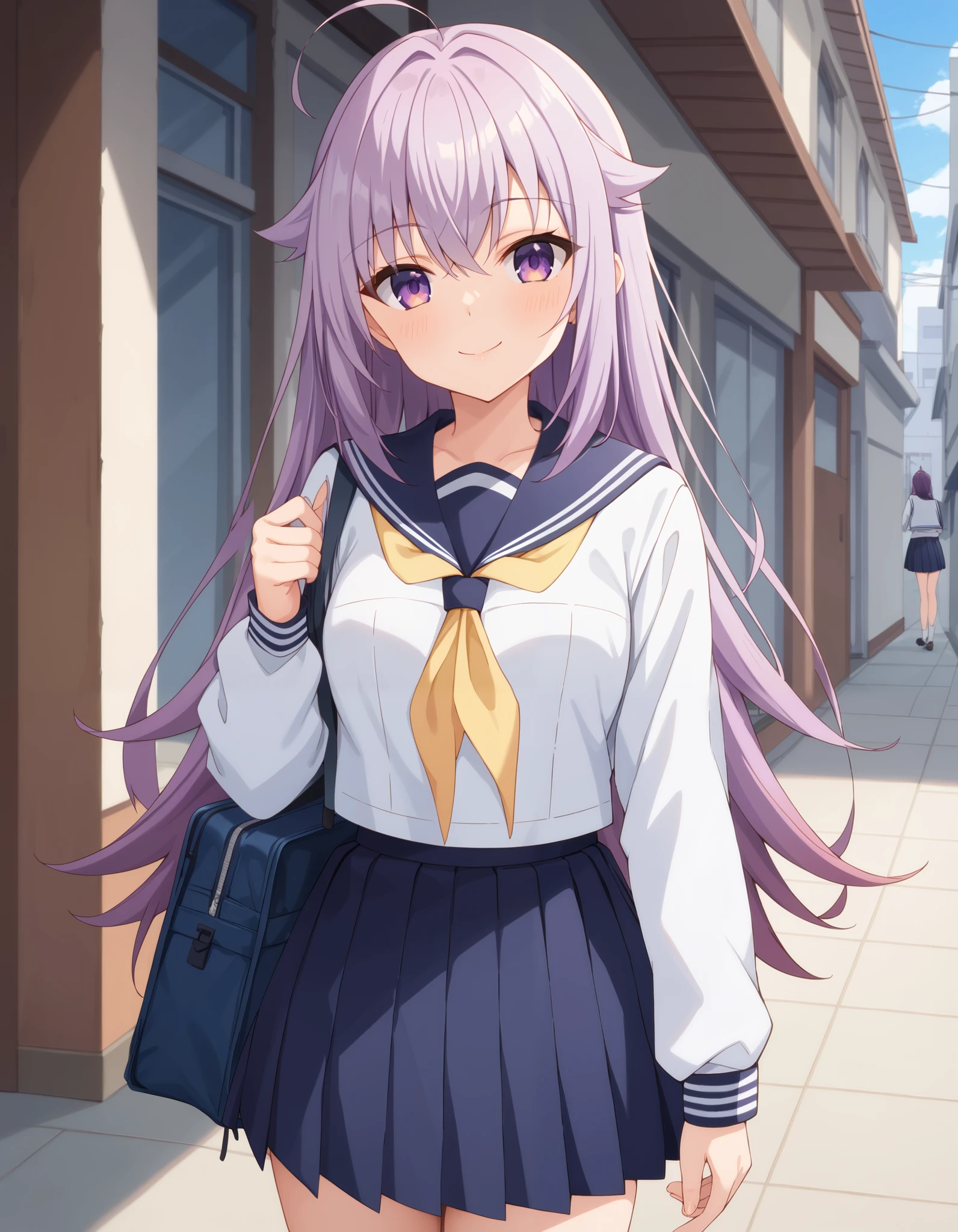 Masterpiece, hd, best quality, closed mouth, light smile, light blush, long hair, koshitan, purple eyes, purple hair, (purple hair:1.2), ahoge, wearing sailor uniform, white sailor uniform, blue sailor collar, yellow neckerchief, blue pleated skirt, long sleeves, wearing gray sweater, standing, outdoor, looking at viewer, potrait