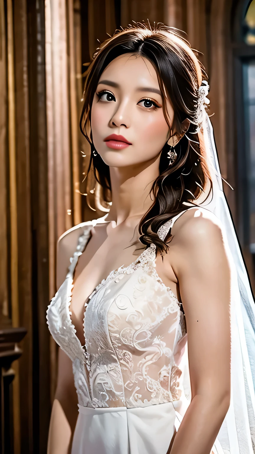 Best Quality,Ultra-detailed,romantic,Beautiful detailed eyes,Beautiful detailed lips,long eyelashes,Flower bouquet,Delicate lace details,dreamy ambiance,Soft lighting,wedding dress,fairy tale stage:,gorgeous decoration,Vivid colors,Emotional moments,Smiling,Joyful,celebration,Happiness,love and romance,Memorable opportunities,Eternal love,special occasions,bride,emotional vows,Unforgettable memories,bride'maid of,Fine Art Prints,Exquisite beauty,sparkling diamond ring,Classic elegance,Captivating portrait,Photorealistic,soothing music,serene ambiance,romantic ritual,Glowing candles,breathtaking scenery,harmony,perfect bond,Graceful movement,happy tear,Magical atmosphere,Eternal happiness,Cherished moments,once in a lifetime experience、I keep my hair up and short 、off shoulders、1 、Long veil、a baby face、childish、Shot from directly above、Looking at the camera