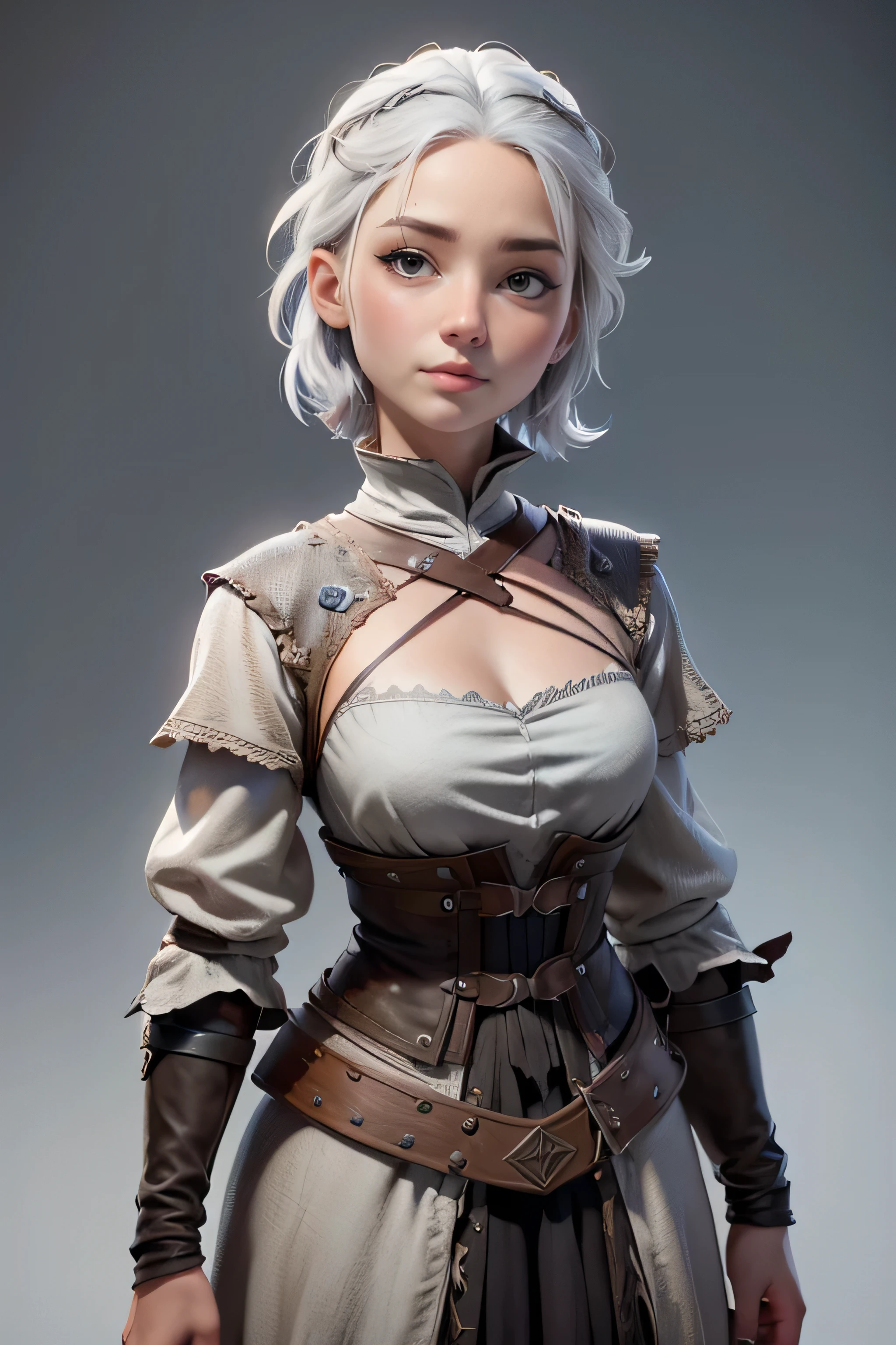Young woman, campesina medieval "Game of Thrones ", gray and brown shreds, blue eyes , short white hair, dynamic position, safe expression, Iluminación natural, plain white background , without patterns, No textures.