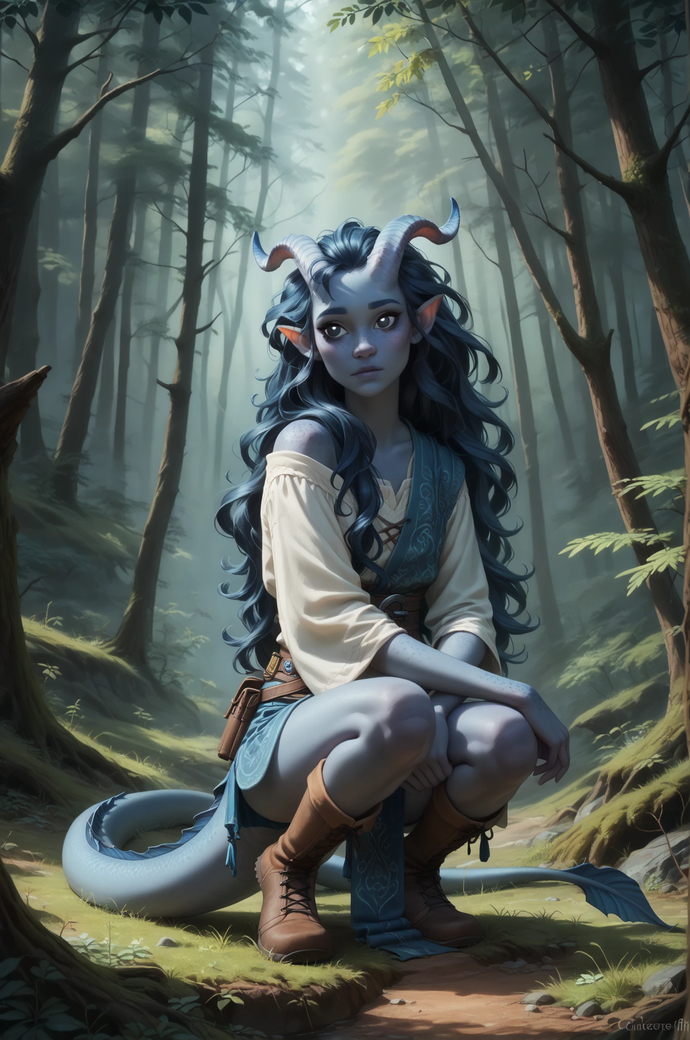 (cedar ), (1Тiefling ,  dark blue-gray skin :1.5), ( very thick long tiefling dragon tail :1.5), ( long black flowing hair with dark blue tips:1.4), ( the bright blue-black pigmentation on the face :1.5), (blue-black freckles :1.2) , ( small barely noticeable fins on the head:1.4), ( bright blue-grey pupils,  Black eyes :1.4), ( blue-black pigmentation on the skin :1.5), ( dark grey straight short horns ), ( blue and black pigmentation on the tail :1.5), (kind face), (curiosity ), (35 years old:1.5), ( Adult girl:1.3) , (Deep look:1.2), (a white canvas shirt ),  (you can see pigmentation on his shoulder ), (chainmail), (tail protection), (the fur on the pants ), (cloth-wrapped legs ,  medieval boots with wooden soles :1.3), ( is the tail at the back and wraps around the body ), [ moss and vegetation on the walls ], ( crouched to the ground ,  listens :1.4), [ dark roots hang , pieces of land ],  (looking over shoulder:1.2), ( top view), ( top quality ), ( masterpiece fails),  ( highest detail), ( against the background of a deep thorny forest ,  prickly impassable black trees , a mountain cliff :1.4), ( view of the valley below ), ( against the background of a thicket ), ( against the background of a mountain stream ),  fantasy background, blue tones, Dark tones, dark shades,  muted colors. 
