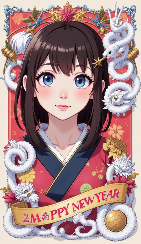 (Japanese anime style:1.4), 8k resolution, masterpiece, top quality, Award-winning works, new year post card, sole girl, (photo of a girl who is wearing Japanese traditional kimono printed on the card:1.4), (banner printed which says "Happy New Year" on the card:1.7), (image of white snake printed on the card:1.6)