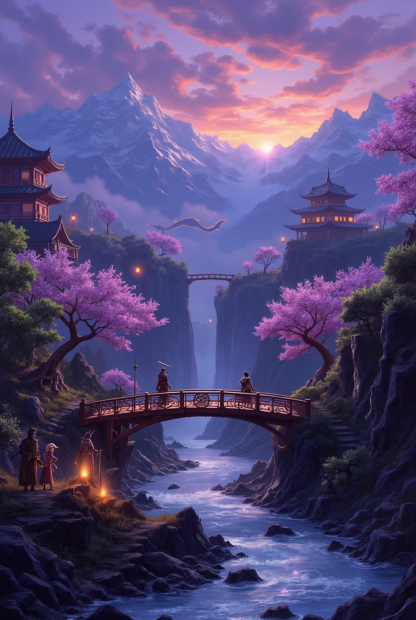 A cover for a Dungeons and Dragons book :
The twilight sky stretches out like a canvas of purple tones, orange and gold, Illuminating a vast valley full of magical details. On the horizon, The imposing mountains rise covered in bright mist, As if they guarded the secrets of the earth. At your feet, A crystal-clear river gently meanders, Reflecting the light of small floating lanterns that seem to guide travelers in the night.
On one side of the river, a majestic wooden bridge with railings carved in the shape of oriental dragons connects both sides of the valley. at a distance, An ancient temple stands on top of a hill, Surrounded by cherry blossoms whose leaves shine with a faint supernatural glow. The temple seems to float lightly, Supported by mystical roots that emanate a soft blue light.
Around the landscape, Fantastic creatures bring the scenery to life: A dragon meanders through the clouds, Their body shines in golden and green tones, While glowing spirits in the form of small lights move between the trees. closer, Humanoid figures with animal features mingle with samurai in armor decorated with magical symbols, As if they were preparing the ground for a great battle.