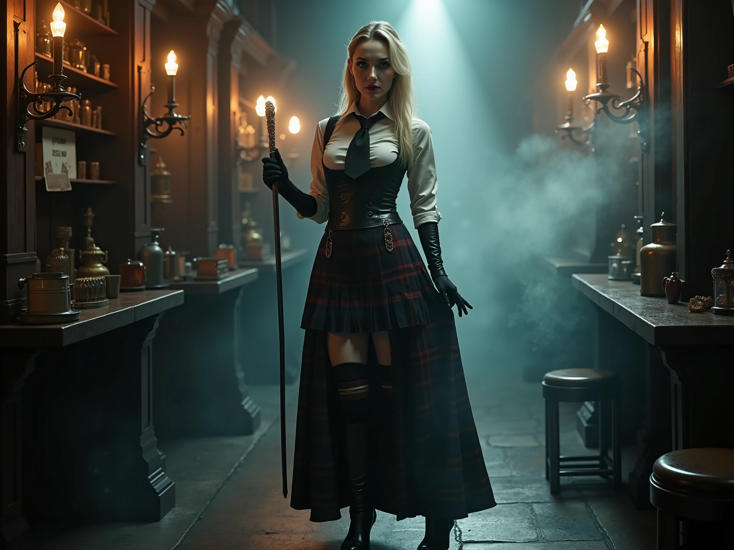 quality: (((masterpiece, cinematic composition, high quality 16K, 32K))), (8k, ultra-hyperrealistic :1.3), ( photorealism :1.2), (steampunk aesthetic). Scene:beautifull blonde schoolgirl, in her uniform with shirt tie and tartan middle long kilt tucked in the shirt. She has long latex gloves and long leather heel boots. Shes touching her skirt. lighting: Gas lamps and the glowing scepter cast a dramatic light on her silhouette, while the rest of the room remains shrouded in shadow and steam. Stil: Seductive and majestic, a perfect mix of steampunk and mystical alien aesthetic. a white light Spot from the ground in the front to the face