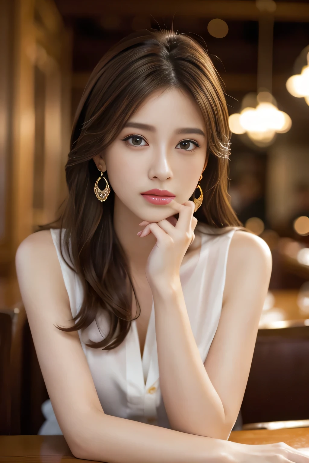 masterpiece, highest quality, Realistic, Very detailed, Finer details, High resolution, 8k wallpaper, One beautiful woman, Wear an elegant see-through blouse, In a great restaurant, At night, Light brown messy hair, Perfect dynamic composition, Beautiful and beautiful eyes、Big earrings、Sitting in a chair、Sleeveless shirt、